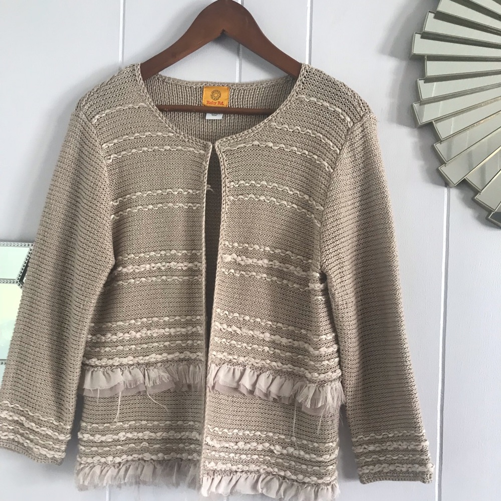 Ruby Rd Beige Distressed Ruffle Cardigan M - Picture 2 of 6